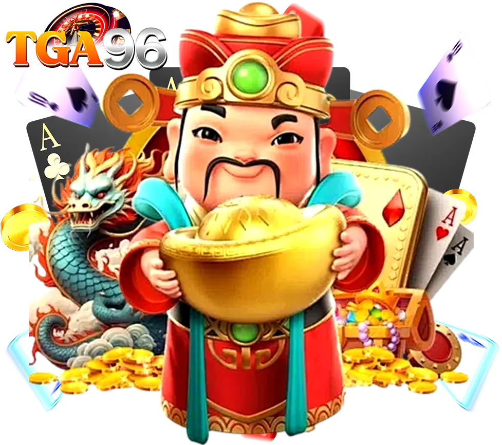 TGA96 เทพแห่งโชคลาภถือทองคำ พร้อมมังกรนำโชคและไพ่รางวัล สมบัติทองล้นฉาก