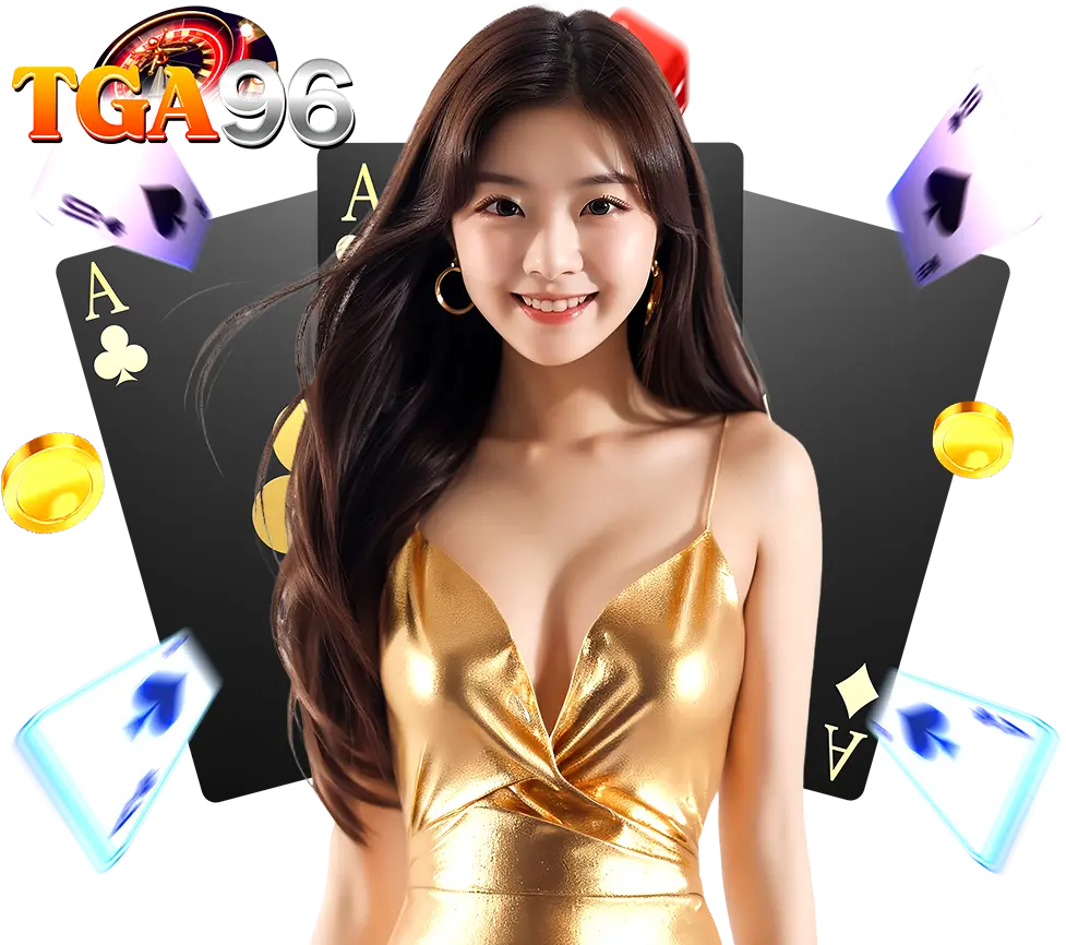 กราฟิกคาสิโน TGA96 พร้อมหญิงสาวในชุดทองและเอฟเฟกต์ไพ่คาสิโนรอบตัว