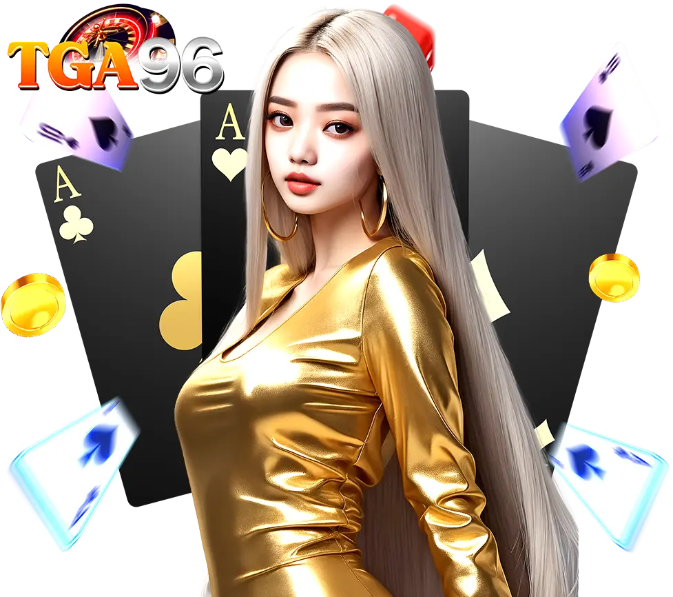 โมเดลสาวชุดทองในธีมคาสิโน พร้อมไพ่และชิป TGA96 สไตล์หรูหรา